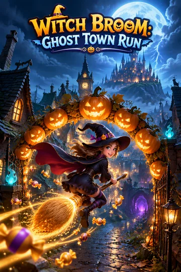 Witch Broom: Ghost Town cover art: a witch on a broom flying through a pumpkin arch